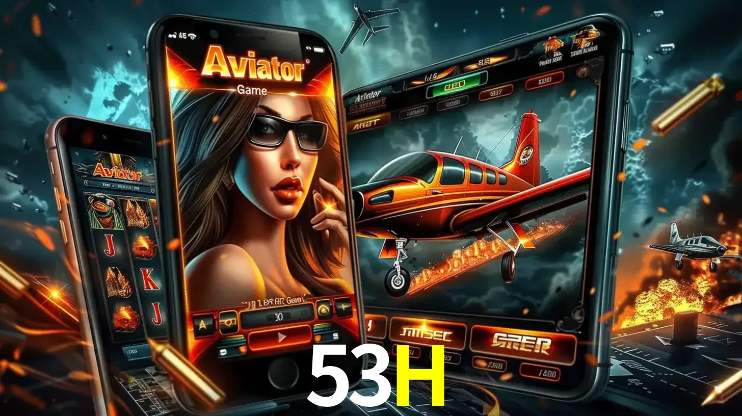 O popular jogo de apostas Aviator exibido em vários celulares e tablets, mostrando a interface emocionante e a ação de voo disponíveis para jogar agora no 53H.