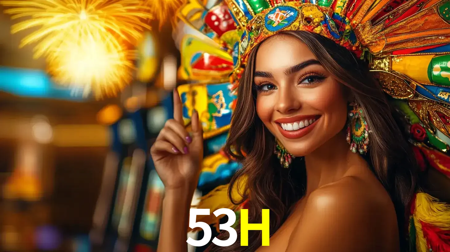Mulher sorridente com um cocar de carnaval vibrante e colorido, celebrando uma grande vitória nos jogos do cassino 53H com fogos de artifício ao fundo.