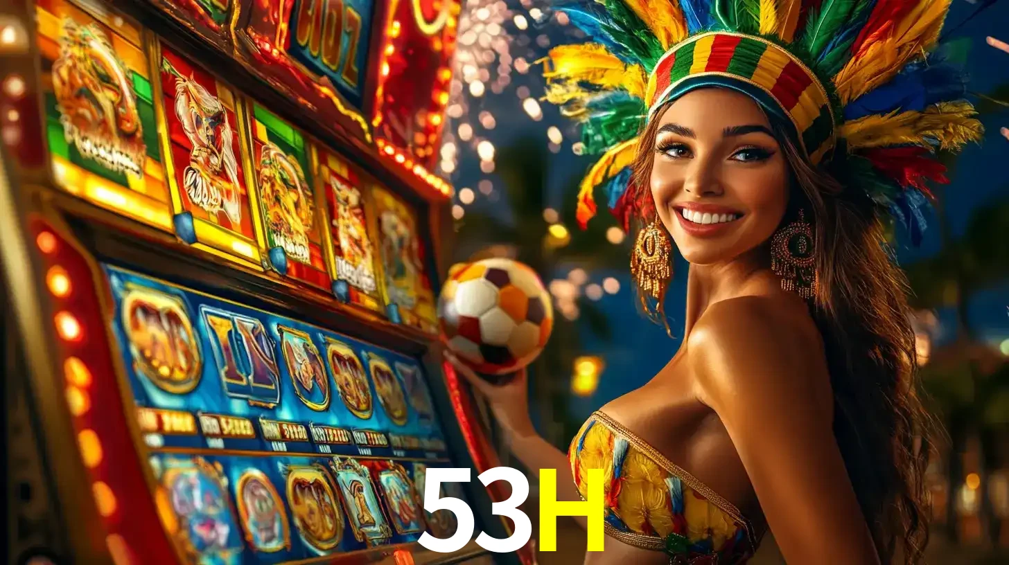 Mulher com um cocar de carnaval ao lado de uma máquina de caça-níqueis enquanto segura uma bola de futebol, mostrando a união da diversão de cassino e esportes no 53H.