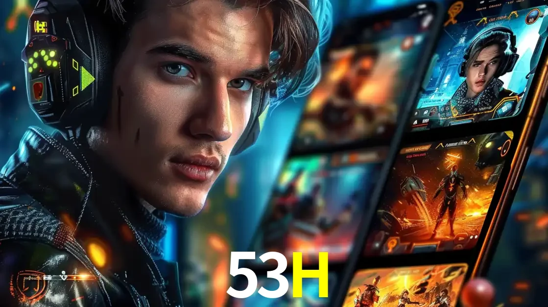 Jovem jogador com fones de ouvido olhando para a câmera, com um aplicativo de jogos e e-sports para celular ao fundo, pronto para a competição e apostas no 53H.