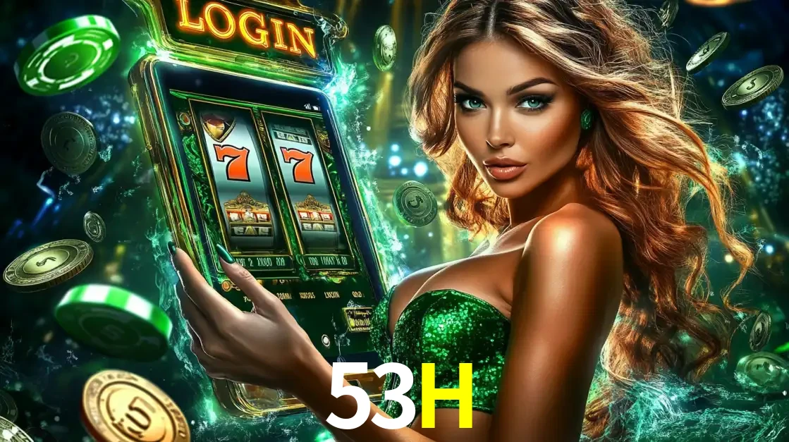 Mulher com tema verde apresentando o aplicativo do cassino 53H com um jogo de slot de 777, cercada por fichas de cassino e uma aura de sorte.