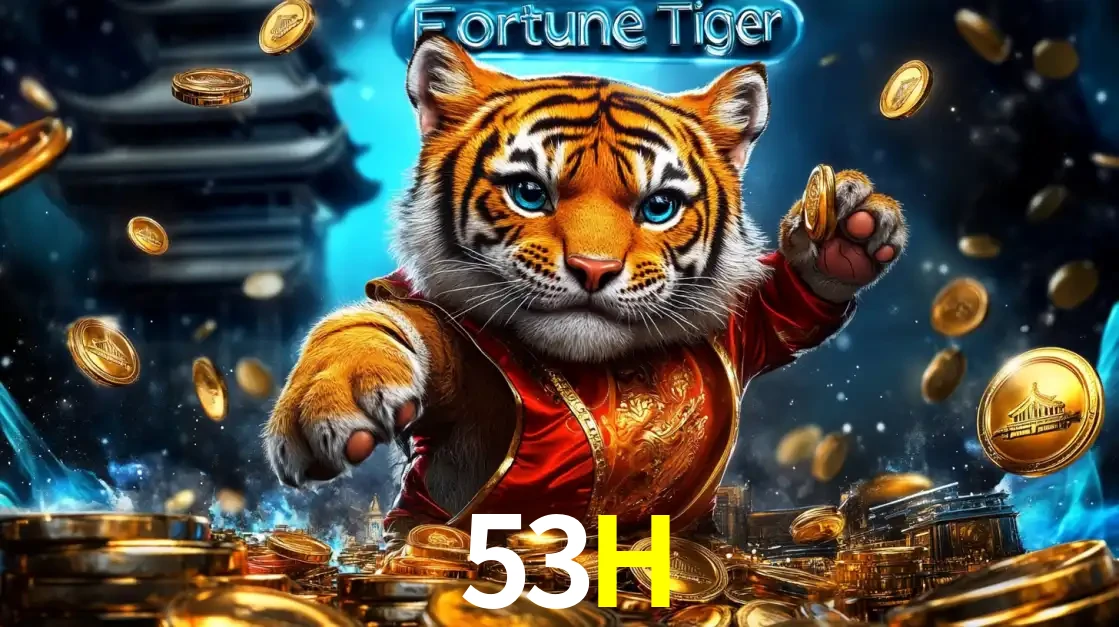Imagem promocional do jogo de slot Fortune Tiger, com um tigre majestoso em traje tradicional cercado por uma fortuna em moedas de ouro, disponível agora no cassino 53H.