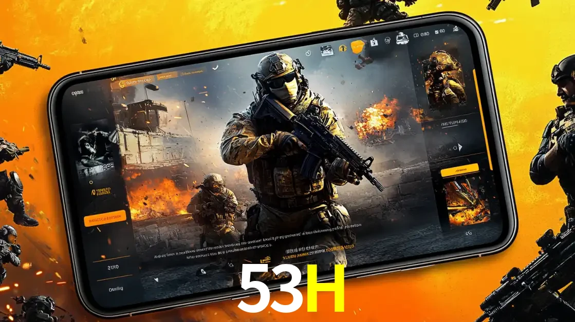 Um smartphone exibindo a interface de um jogo de tiro em primeira pessoa, com um soldado em um cenário de batalha, representando a ação dos e-sports para apostar no 53H.