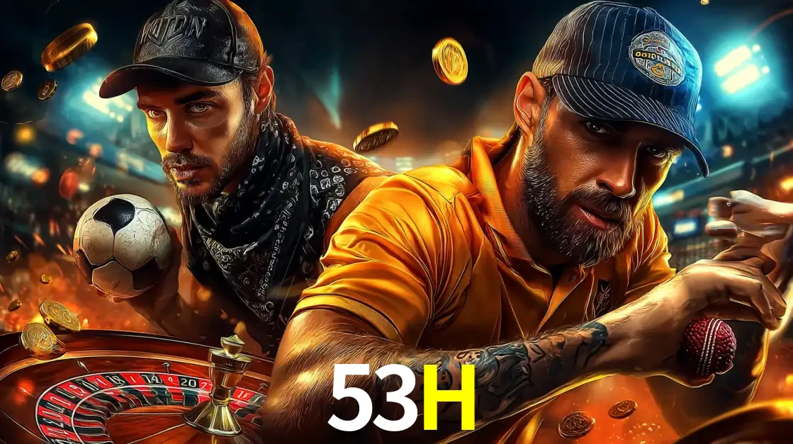 Montagem de apostas esportivas e cassino no 53H, com um homem segurando uma bola de futebol e outro uma de beisebol sobre uma roleta e moedas voadoras.