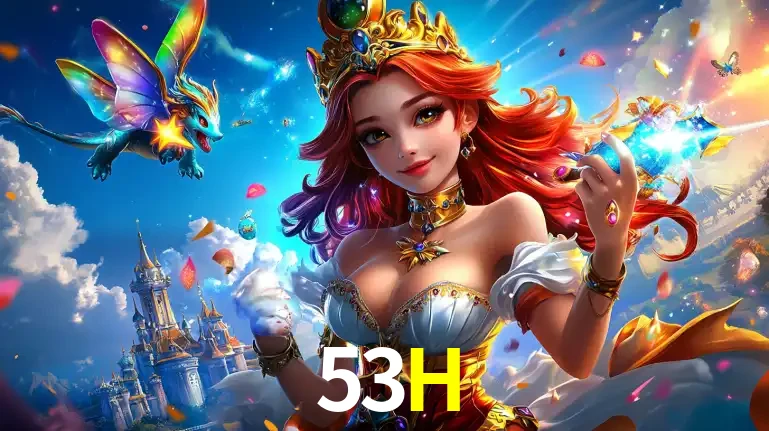A princesa de um reino de fantasia mágico, com seu pequeno dragão, apresentando um mundo de prêmios encantados nos jogos de caça-níqueis do cassino 53H.