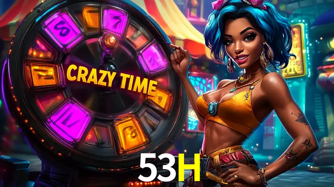 Mulher estilizada com cabelo azul e visual vibrante posando ao lado da roda de prêmios do game show Crazy Time, convidando para a diversão e os bônus do cassino 53H.