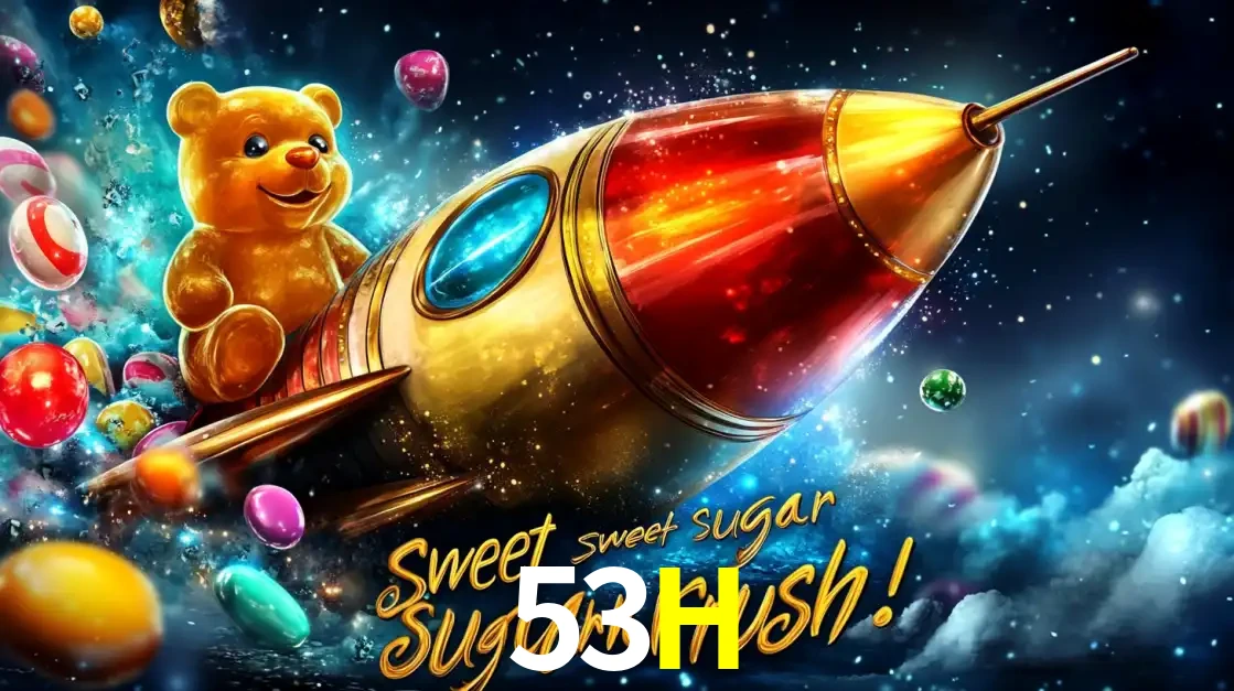 Arte promocional do jogo de slot Sugar Rush, com um urso de pelúcia em um foguete viajando pelo espaço de doces, um dos jogos divertidos disponíveis no cassino 53H.