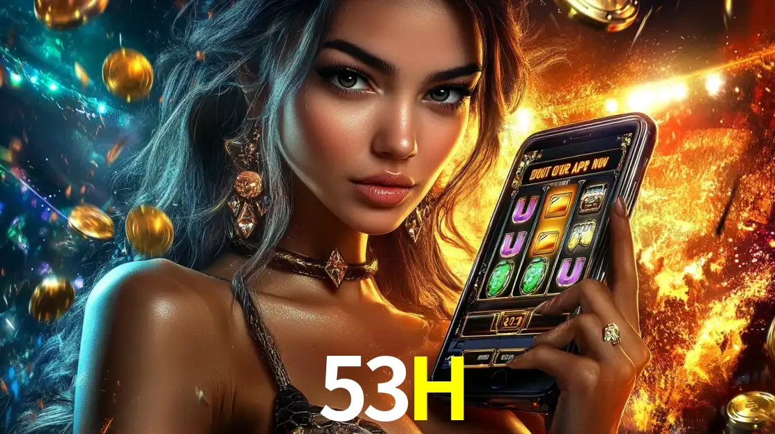 Mulher elegante mostrando um jogo de caça-níqueis em seu smartphone, destacando a experiência de cassino móvel oferecida pelo aplicativo 53H.