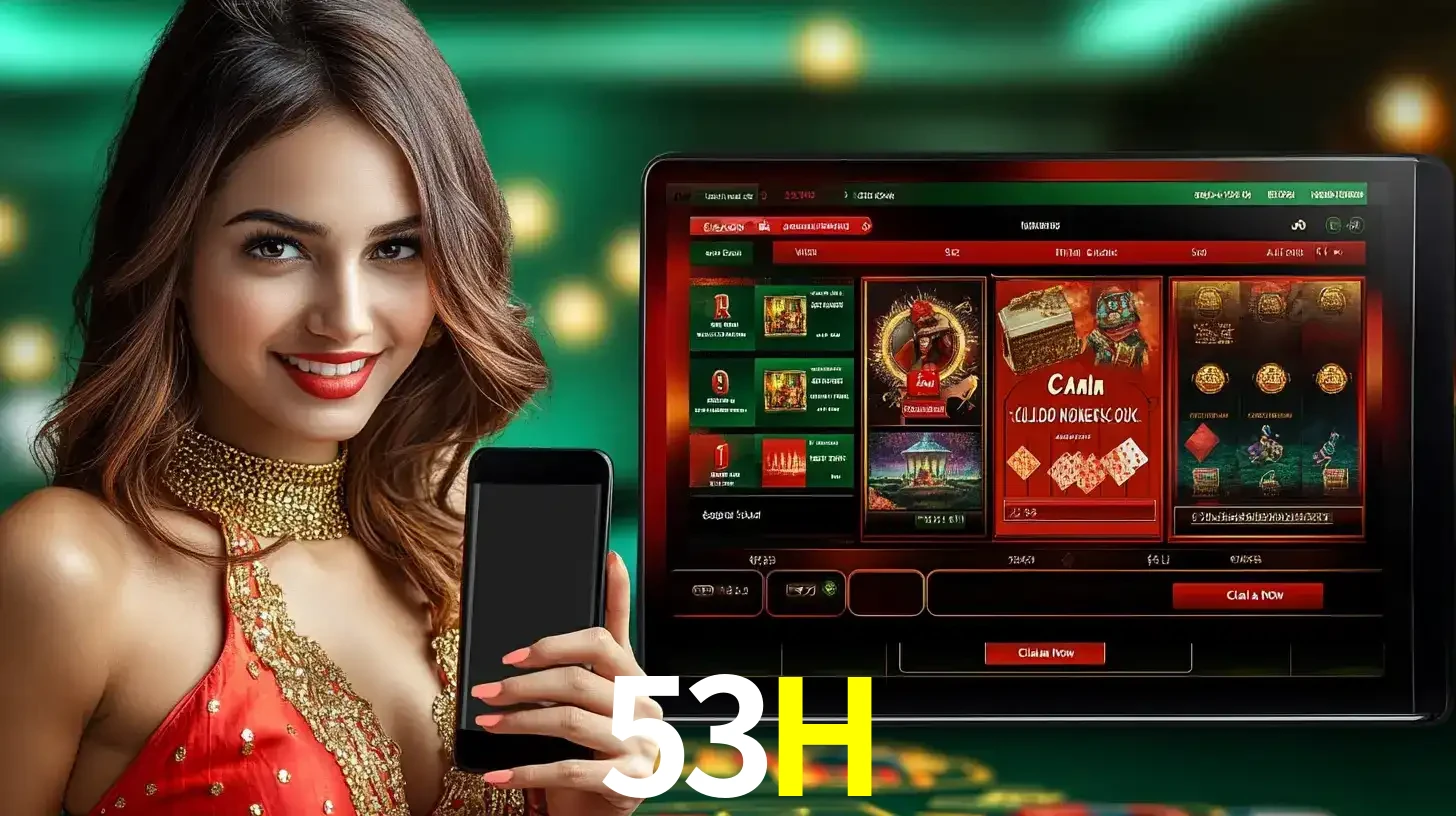 Mulher sorridente segurando um smartphone, ao lado de uma tela exibindo o lobby de jogos do cassino online 53H, com várias opções de jogos de cartas e slots.